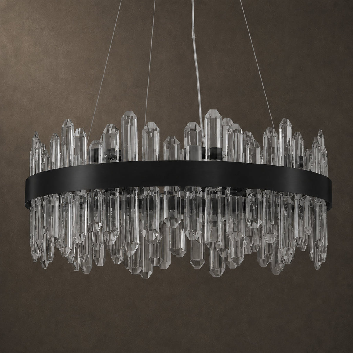 Round black K9 crystal chandelier from the Posiosa modern crystal range