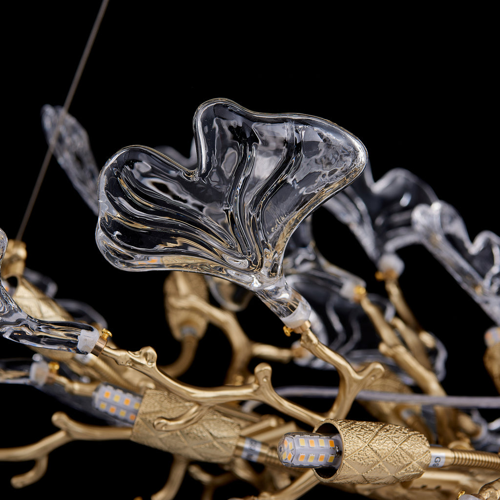Foglia Linear Ginkgo Leaf Chandelier, 14-Light Gold Branch, 55" Long
