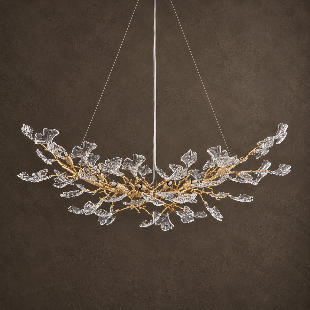 Foglia Linear Ginkgo Leaf Chandelier, 14-Light Gold Branch, 55" Long