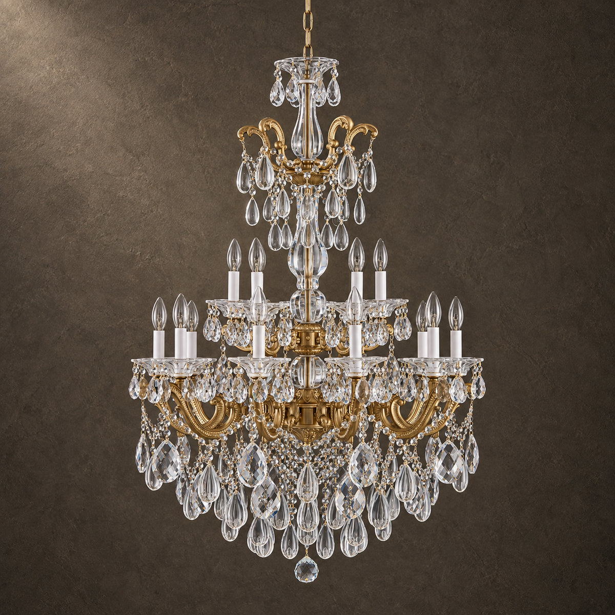 Aurelia Chandelier, 2-Tier 15-Light Brass K9 Crystal, 30" Dia