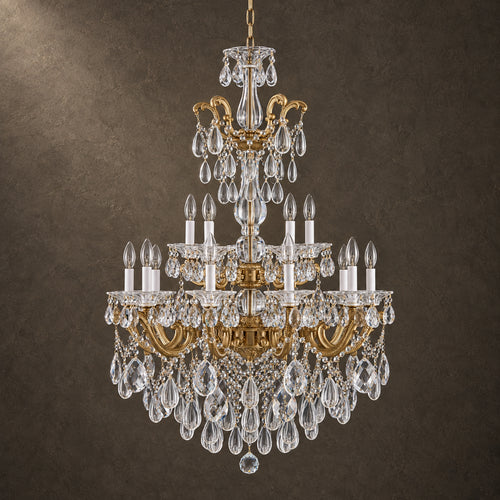 Aurelia Chandelier, 2-Tier 15-Light Brass K9 Crystal, 30" Dia