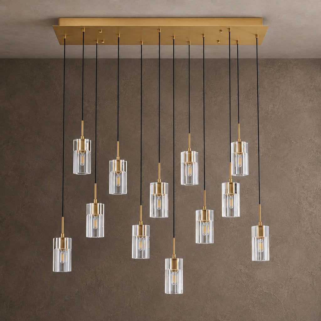 Pioggia Linear Cascade Chandelier, 12-Light Brass K9 Crystal, 39" Long