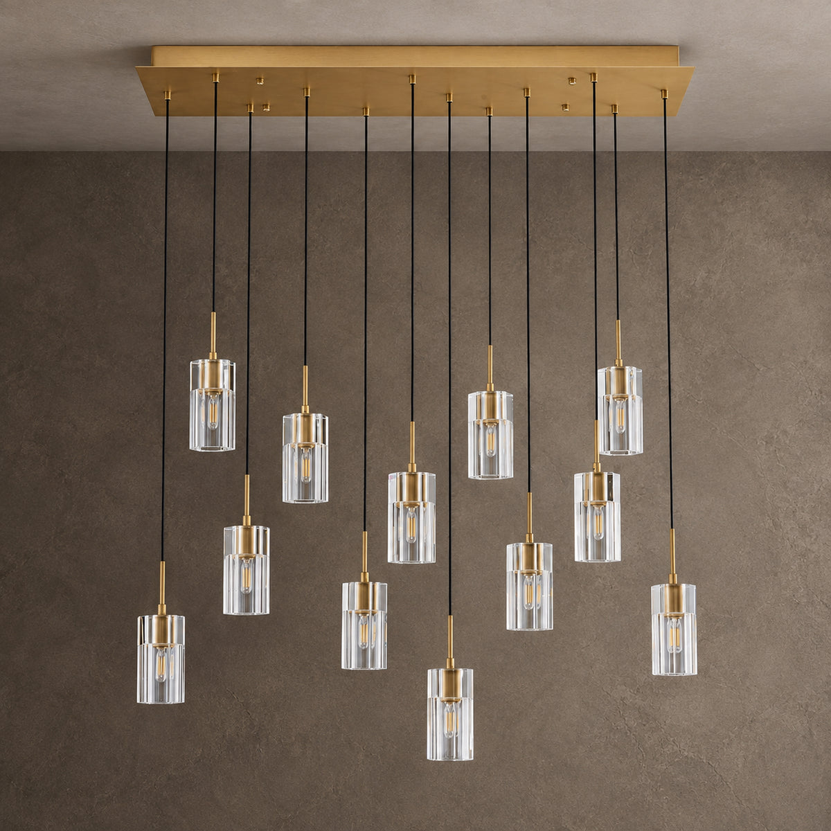 Pioggia Linear Cascade Chandelier, 12-Light Brass K9 Crystal, 39" Long
