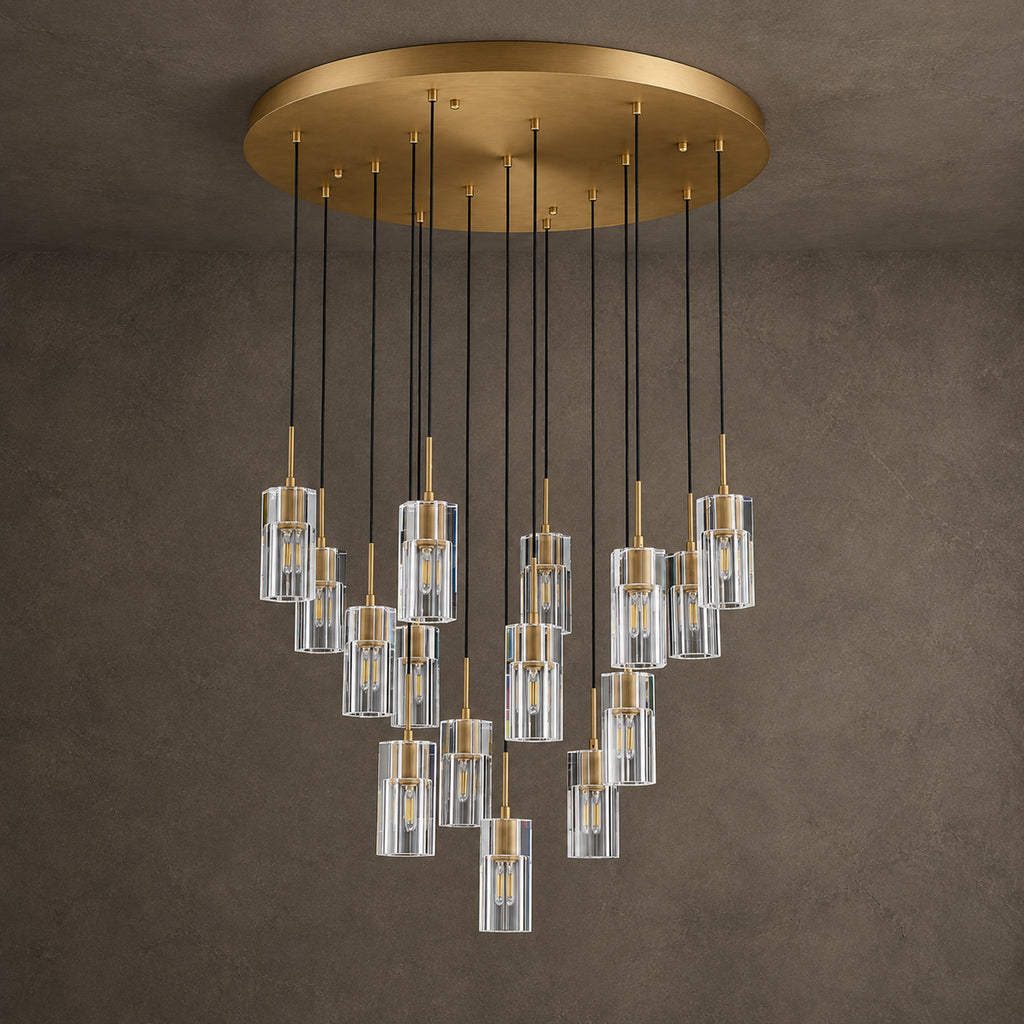 Pioggia Cascade Chandelier, 15-Light Brass K9 Crystal, 32" Dia