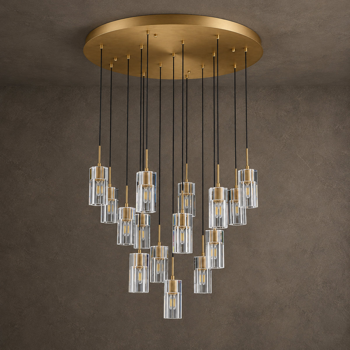 Pioggia Cascade Chandelier, 15-Light Brass K9 Crystal, 32" Dia