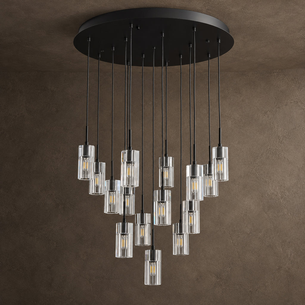 Pioggia Cascade Chandelier, 15-Light Black K9 Crystal, 32" Dia