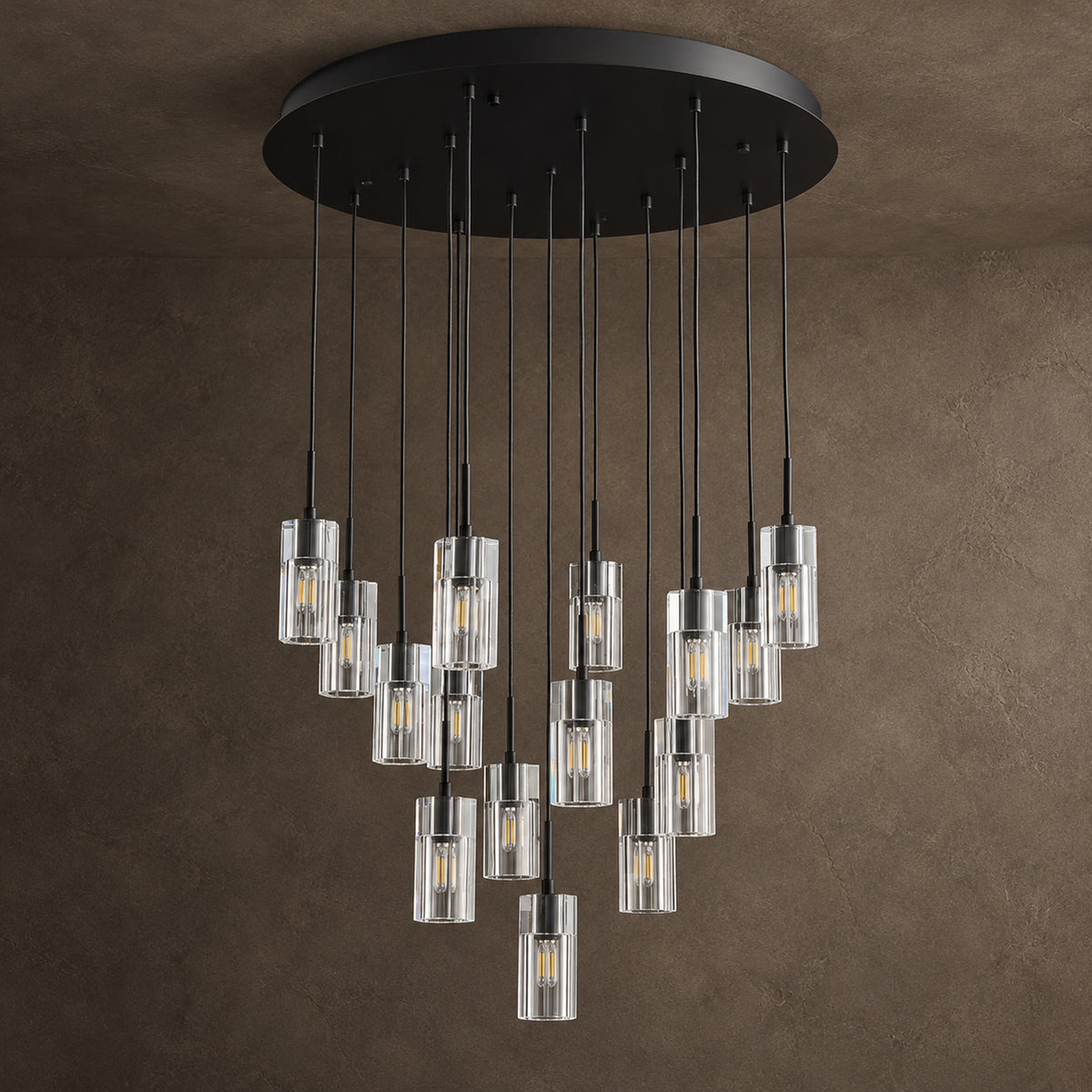 Pioggia Cascade Chandelier, 15-Light Black K9 Crystal, 32" Dia