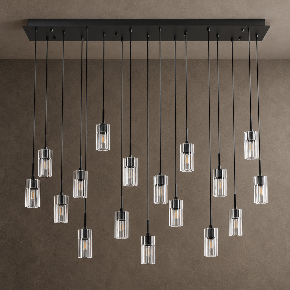 Pioggia Linear Cascade Chandelier, 17-Light Black K9 Crystal, 55" Long