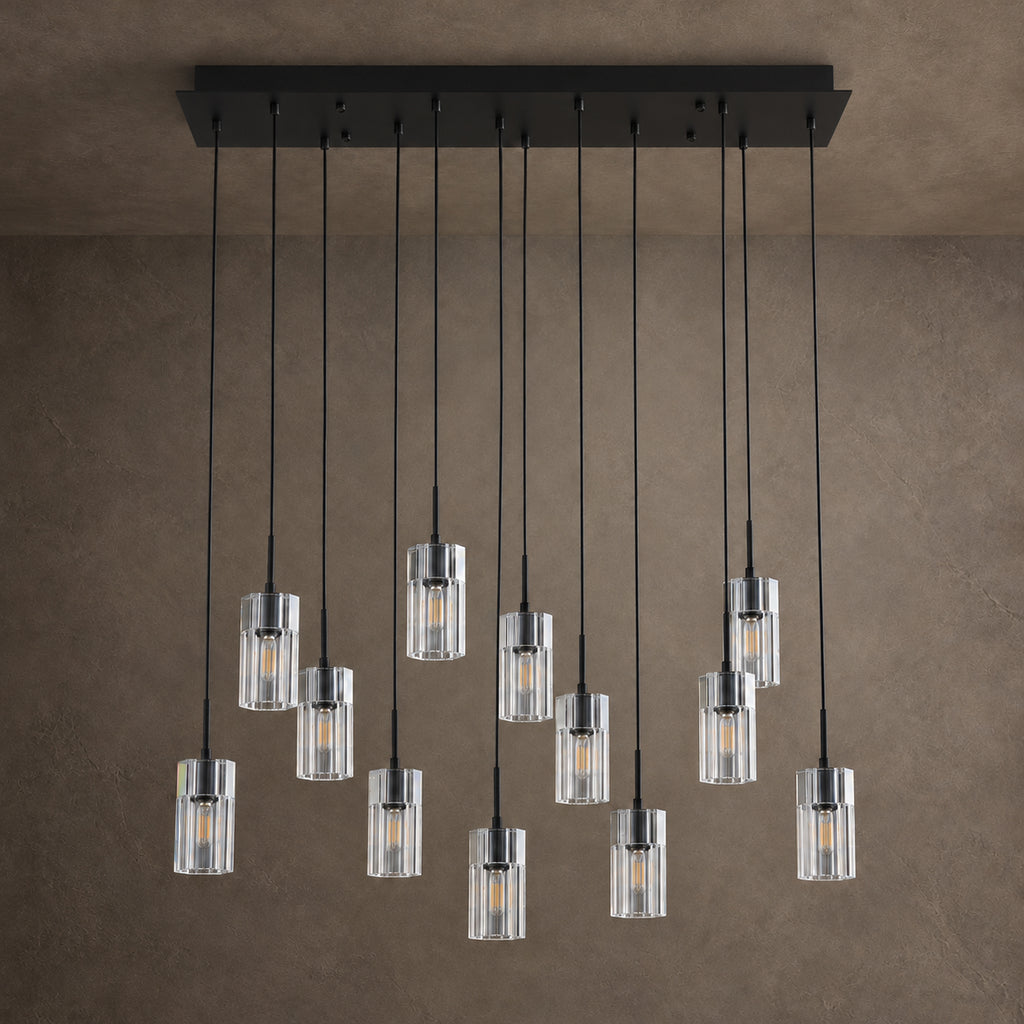 Pioggia Linear Cascade Chandelier, 12-Light Black K9 Crystal, 39" Long