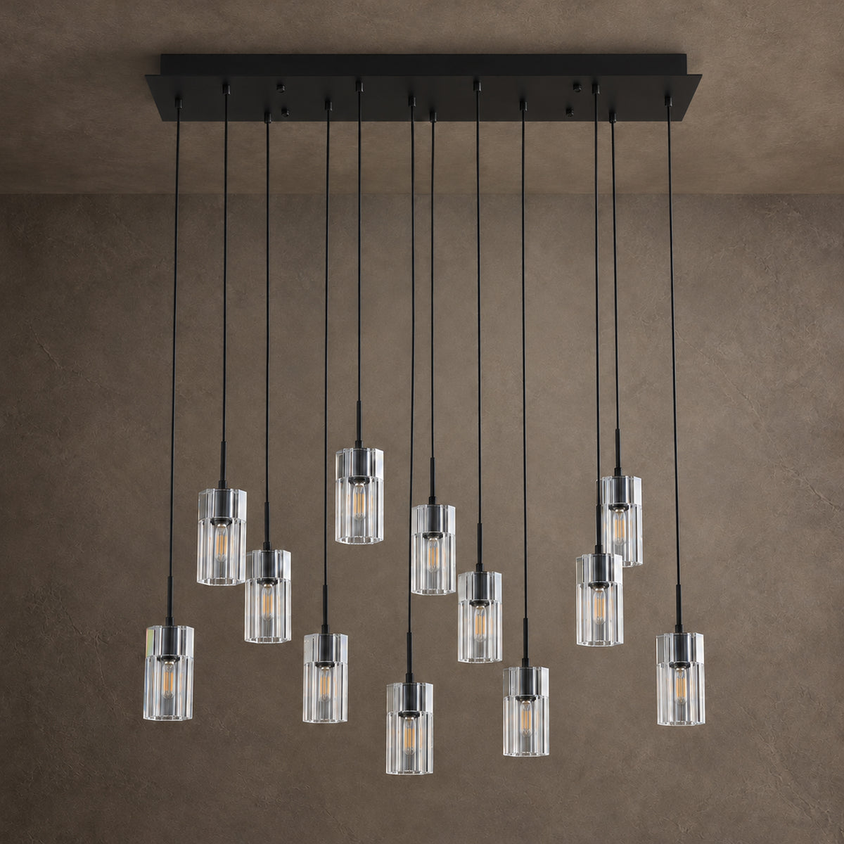 Pioggia Linear Cascade Chandelier, 12-Light Black K9 Crystal, 39" Long