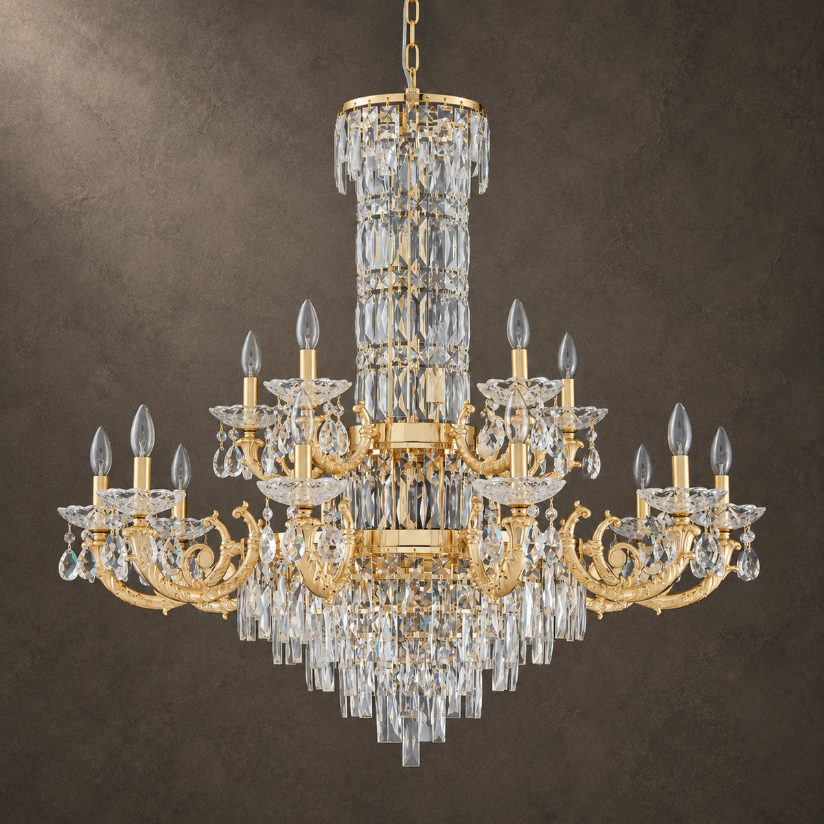 Fontana Chandelier, 2-Tier 15-Light Gold K9 Crystal, 40" Dia