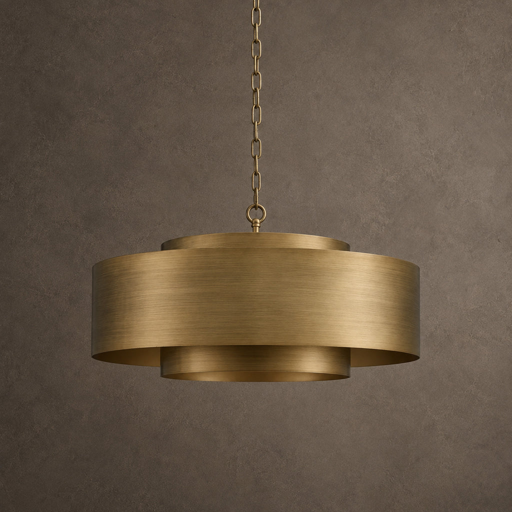 Lamina Round Drum Chandelier, 12-Light Brushed Brass, 30" Dia