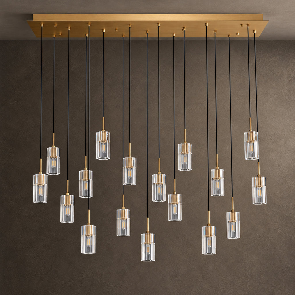 Pioggia Linear Cascade Chandelier, 17-Light Brass K9 Crystal, 55" Long