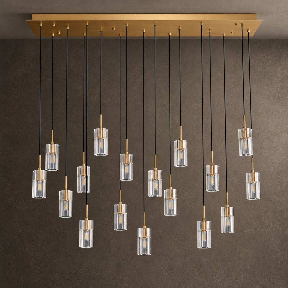 Pioggia Linear Cascade Chandelier, 17-Light Brass K9 Crystal, 55" Long