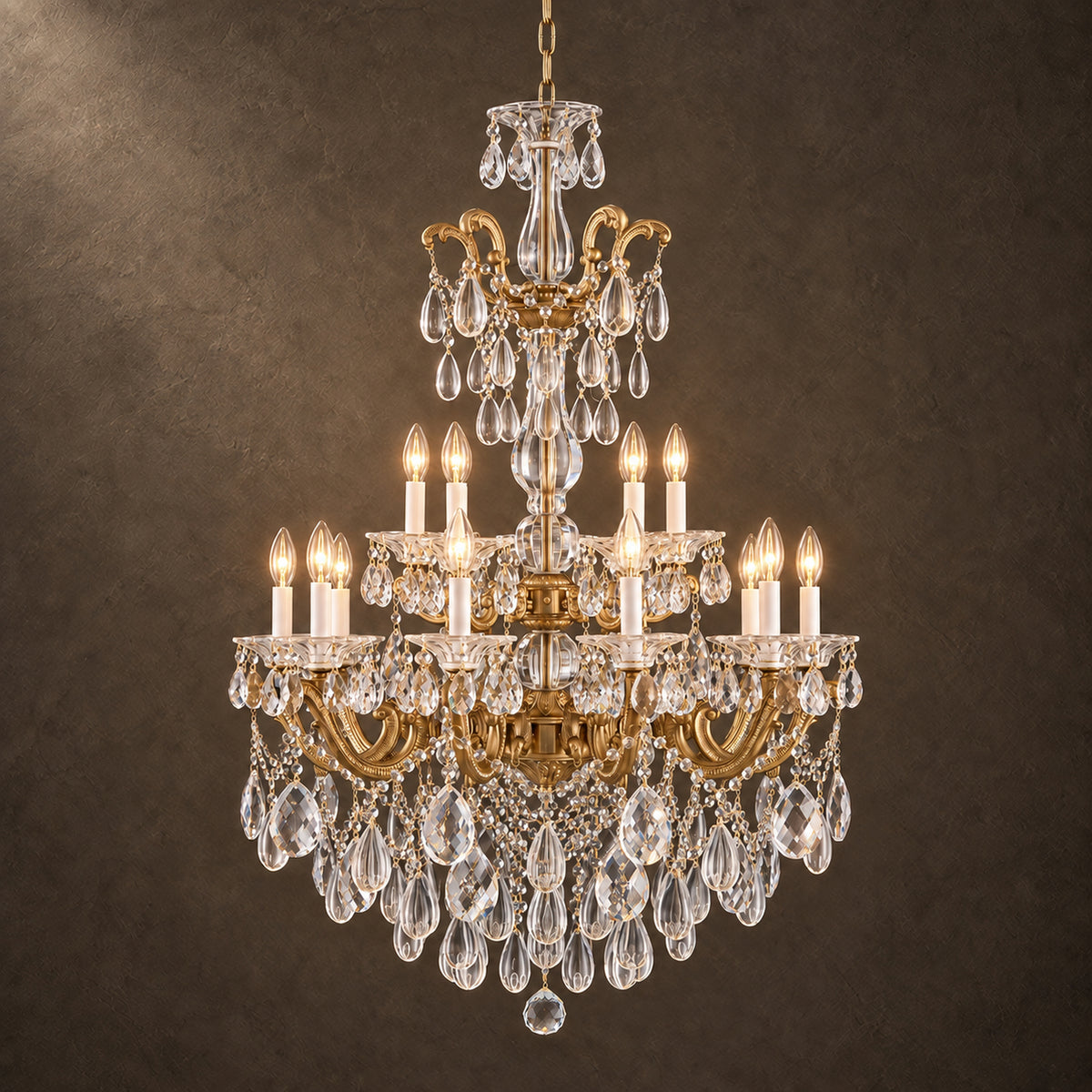 Aurelia Chandelier, 2-Tier 15-Light Brass K9 Crystal, 30" Dia