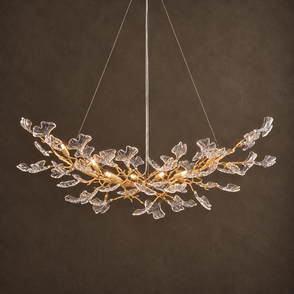 Foglia Linear Ginkgo Leaf Chandelier, 14-Light Gold Branch, 55" Long