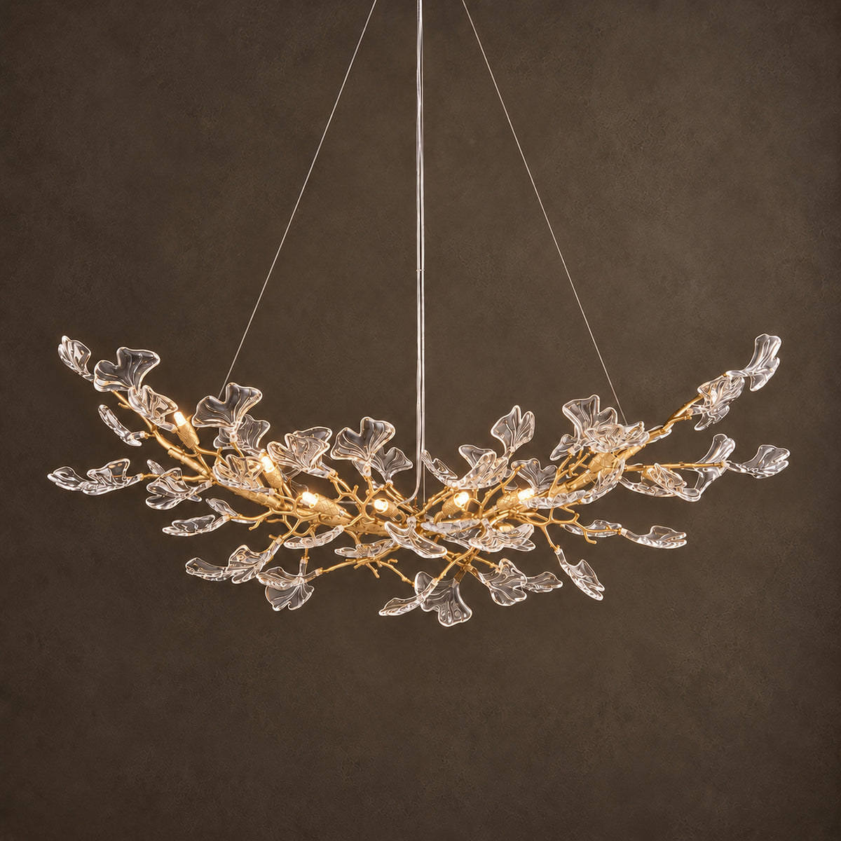 Foglia Linear Ginkgo Leaf Chandelier, 14-Light Gold Branch, 55" Long