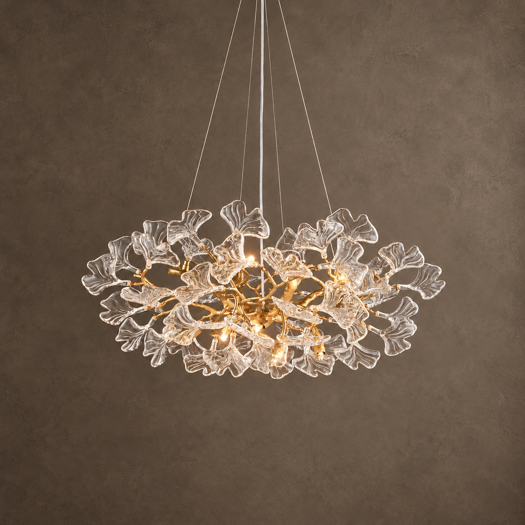 Foglia Ginkgo Leaf Chandelier, 10-Light Gold Branch, 32" Dia