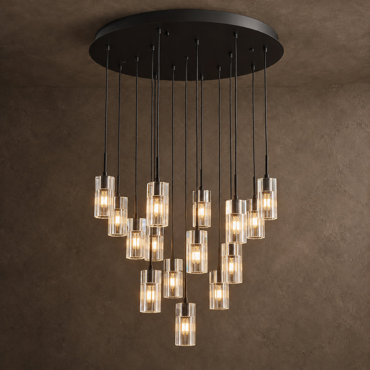 Pioggia Cascade Chandelier, 15-Light Black K9 Crystal, 32" Dia