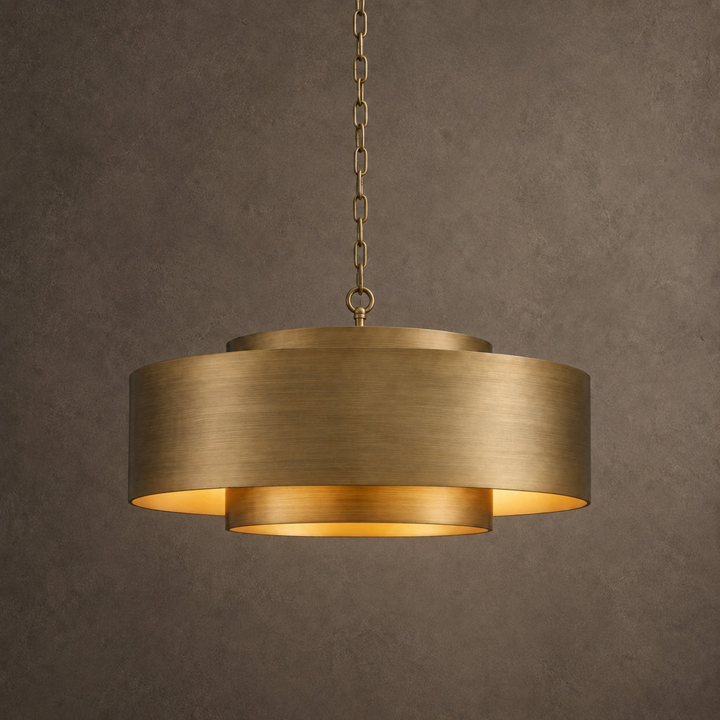 Lamina Round Drum Chandelier, 12-Light Brushed Brass, 30" Dia