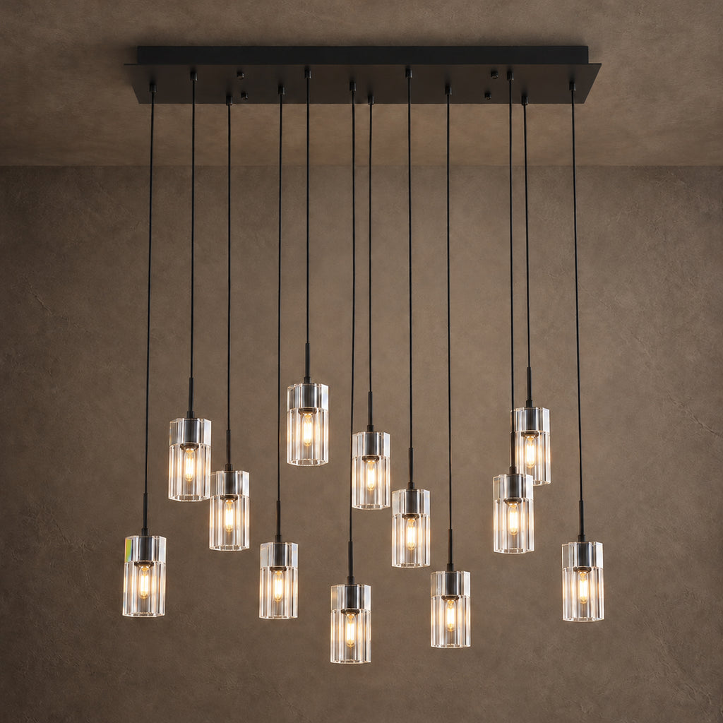 Pioggia Linear Cascade Chandelier, 12-Light Brass K9 Crystal, 39" Long