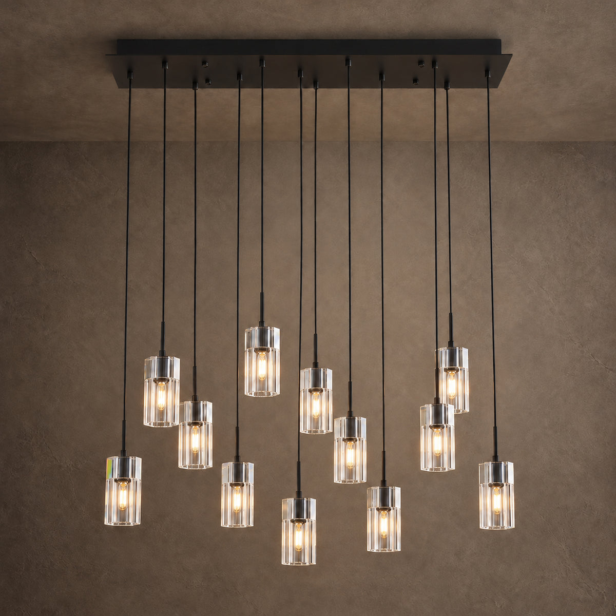 Pioggia Linear Cascade Chandelier, 12-Light Brass K9 Crystal, 39" Long