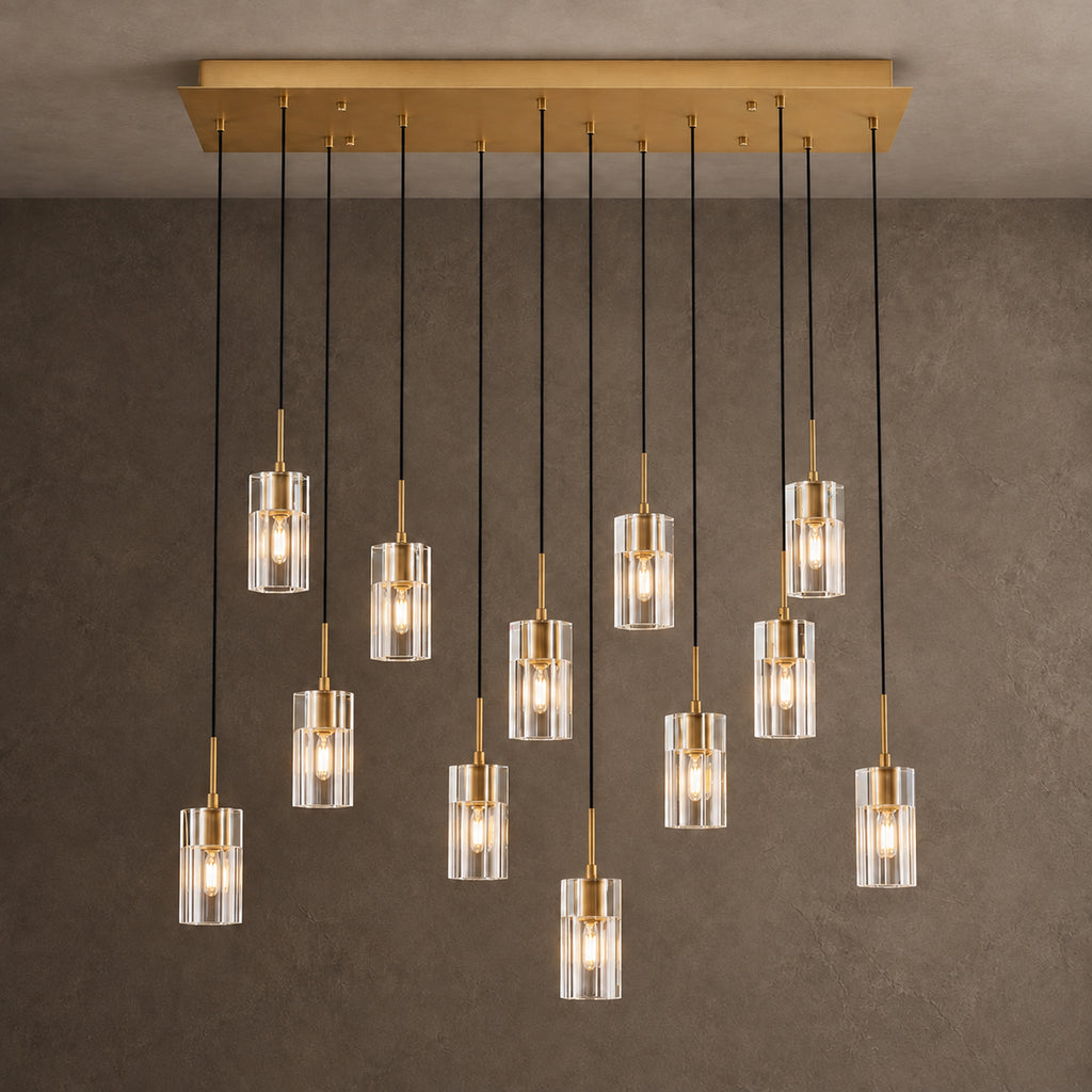 Pioggia Linear Cascade Chandelier, 12-Light Brass K9 Crystal, 39" Long