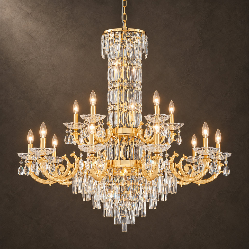 Fontana Chandelier, 2-Tier 15-Light Gold K9 Crystal, 40" Dia