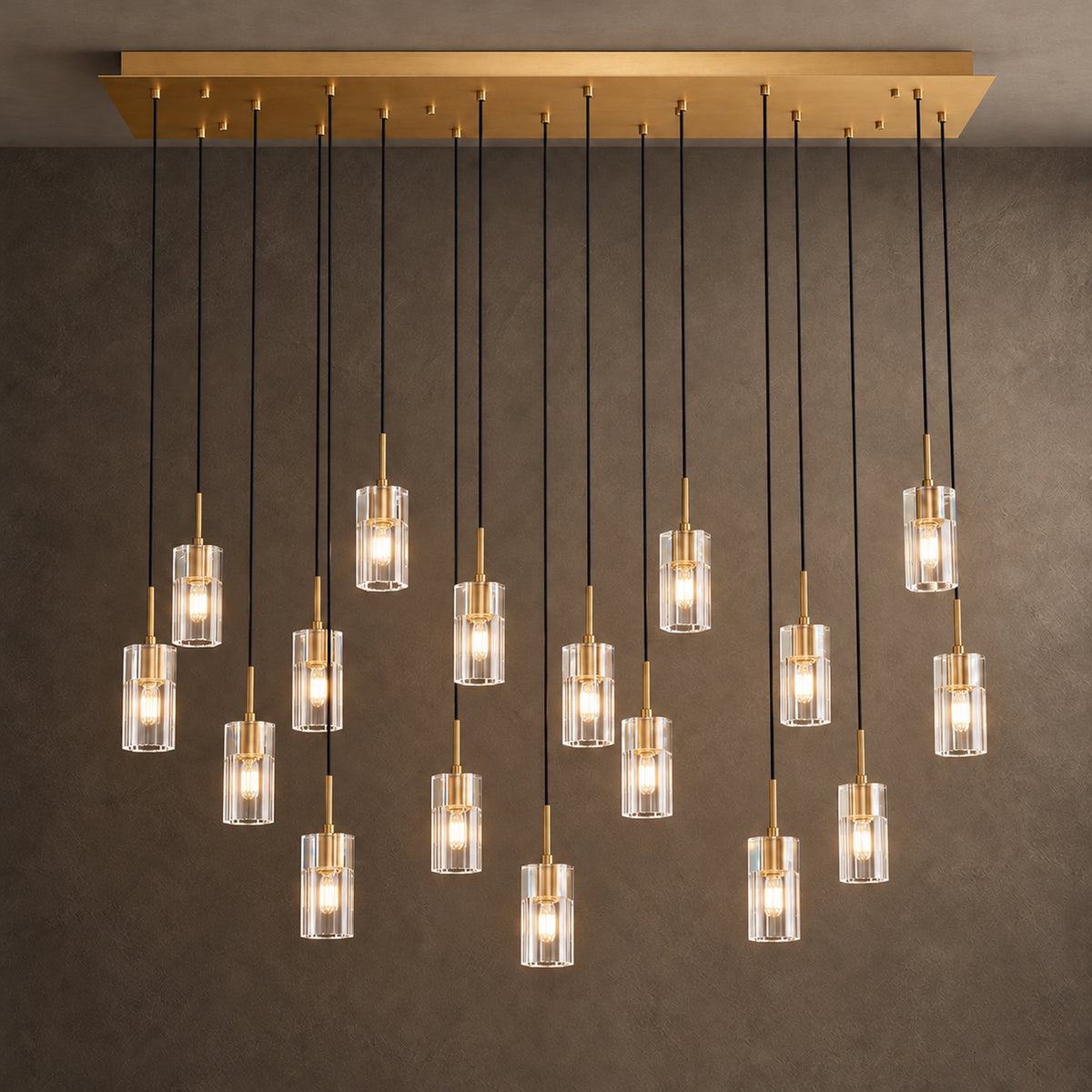 Pioggia Linear Cascade Chandelier, 17-Light Brass K9 Crystal, 55" Long