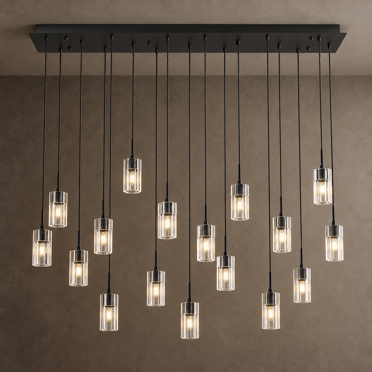Pioggia Linear Cascade Chandelier, 17-Light Brass K9 Crystal, 55" Long