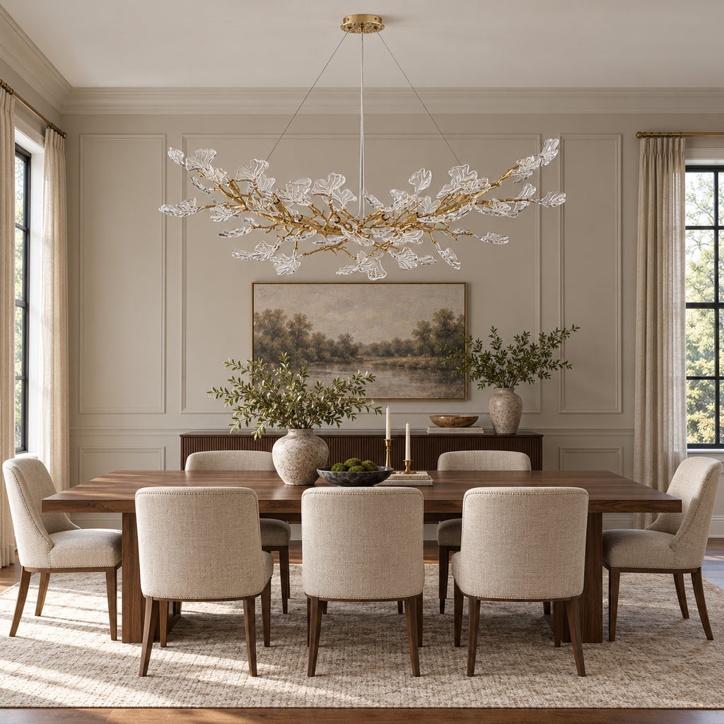 Foglia Linear Ginkgo Leaf Chandelier, 14-Light Gold Branch, 55" Long