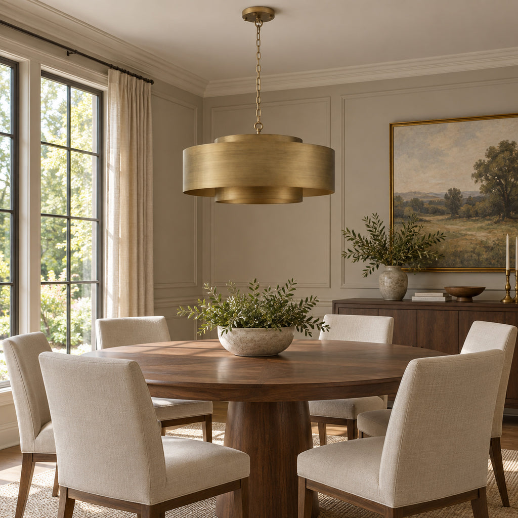 Lamina Round Drum Chandelier, 12-Light Brushed Brass, 30" Dia