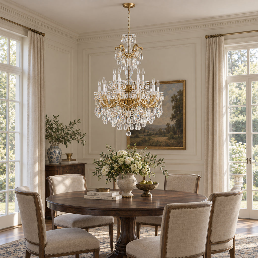 Aurelia Chandelier, 2-Tier 15-Light Brass K9 Crystal, 30" Dia