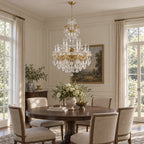 Aurelia Chandelier, 2-Tier 15-Light Brass K9 Crystal, 30" Dia
