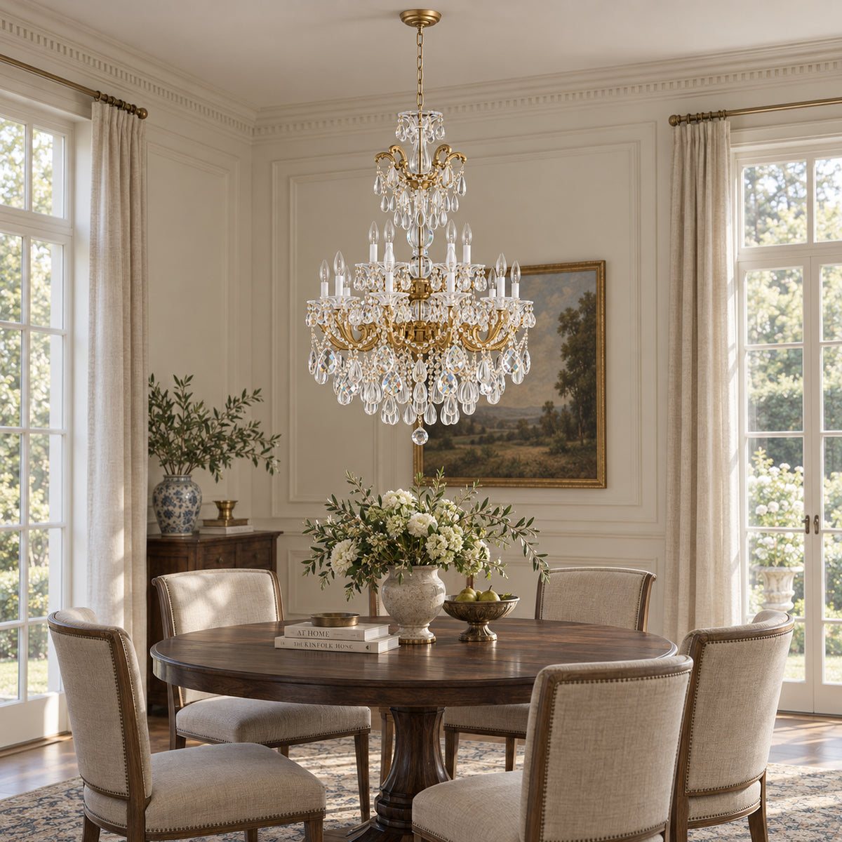 Aurelia Chandelier, 2-Tier 15-Light Brass K9 Crystal, 30" Dia