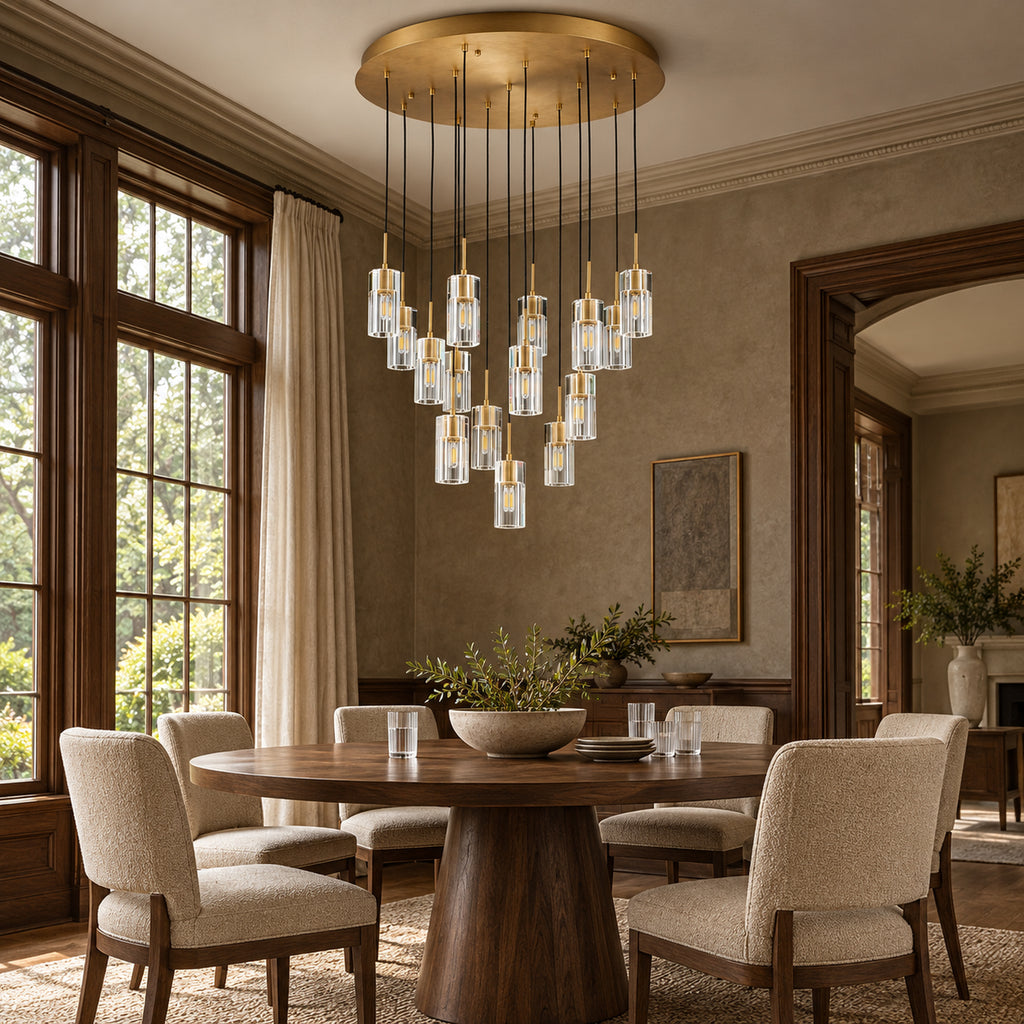Pioggia Cascade Chandelier, 15-Light Brass K9 Crystal, 32" Dia