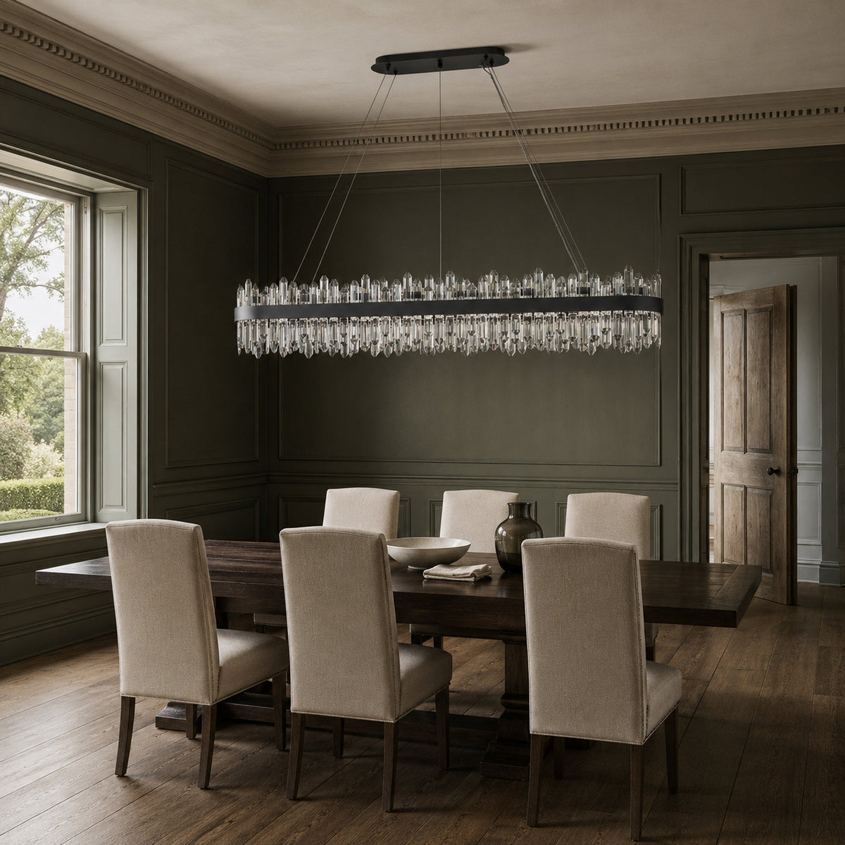 Modern Rectangular K9 Crystal Chandelier 57" — 32-Light, Black