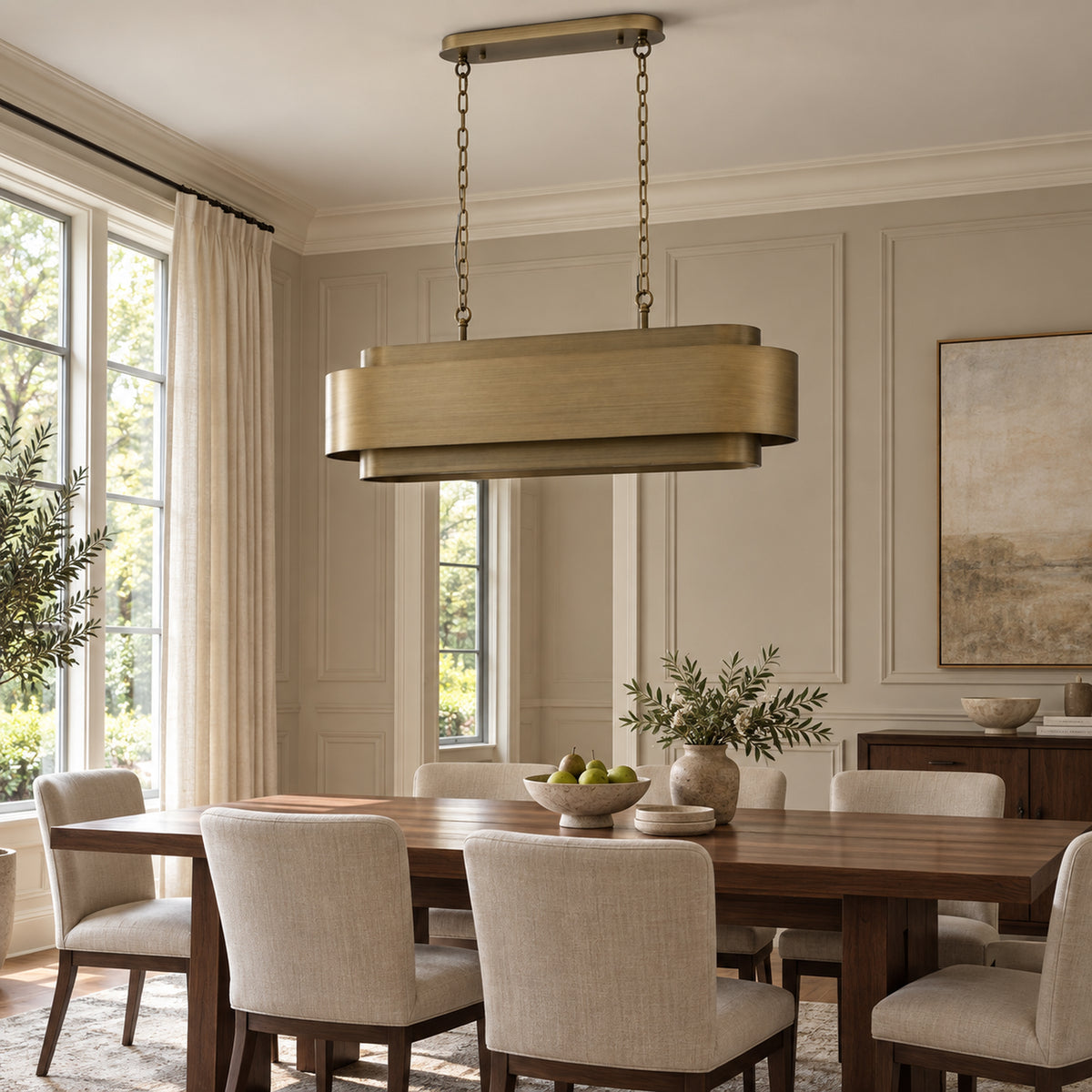 Lamina Oval Drum Chandelier, 12-Light Brushed Brass, 40" Long