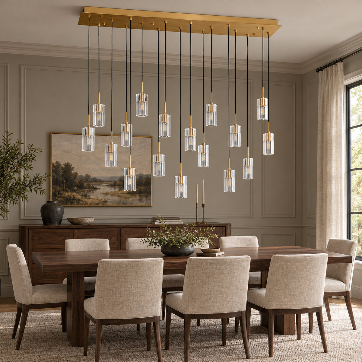 Pioggia Linear Cascade Chandelier, 17-Light Brass K9 Crystal, 55" Long