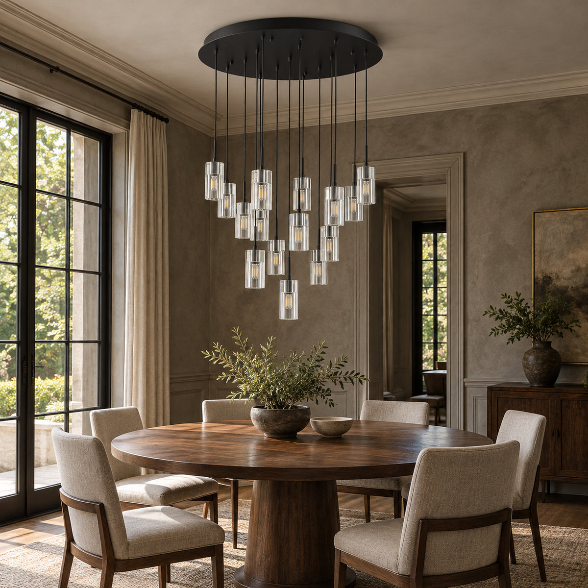 Pioggia Cascade Chandelier, 15-Light Black K9 Crystal, 32" Dia
