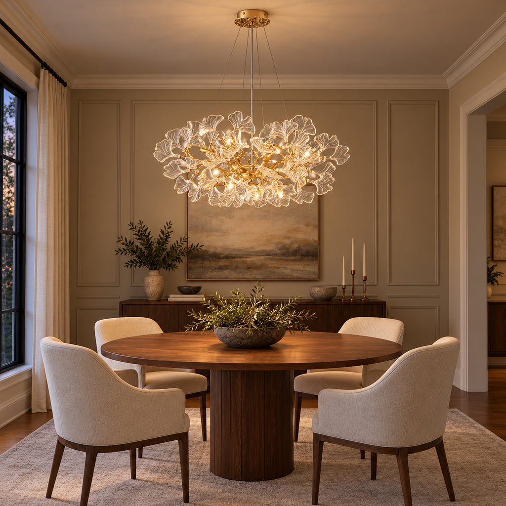 Foglia Ginkgo Leaf Chandelier, 10-Light Gold Branch, 32" Dia