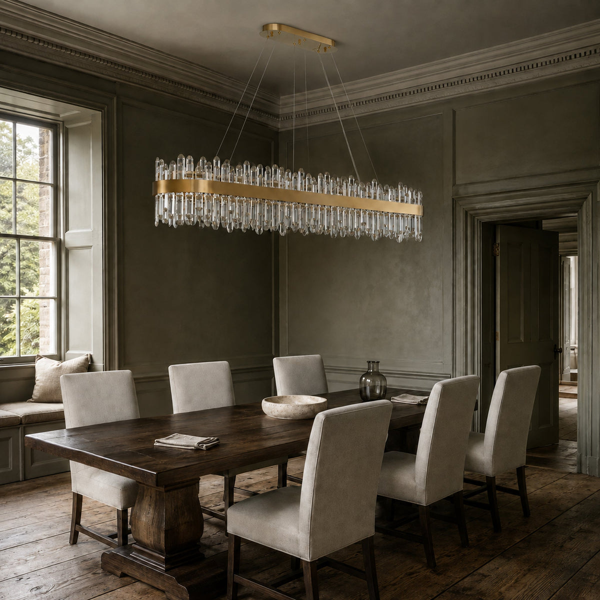 Modern Rectangular K9 Crystal Chandelier 57" — 32-Light, Gold