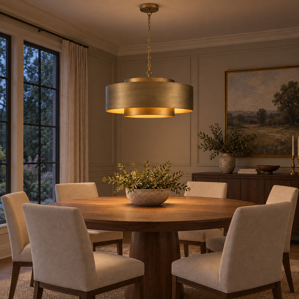 Lamina Round Drum Chandelier, 12-Light Brushed Brass, 30" Dia