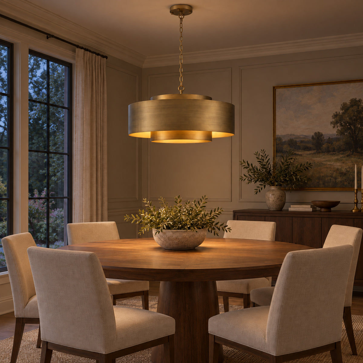 Lamina Round Drum Chandelier, 12-Light Brushed Brass, 30" Dia
