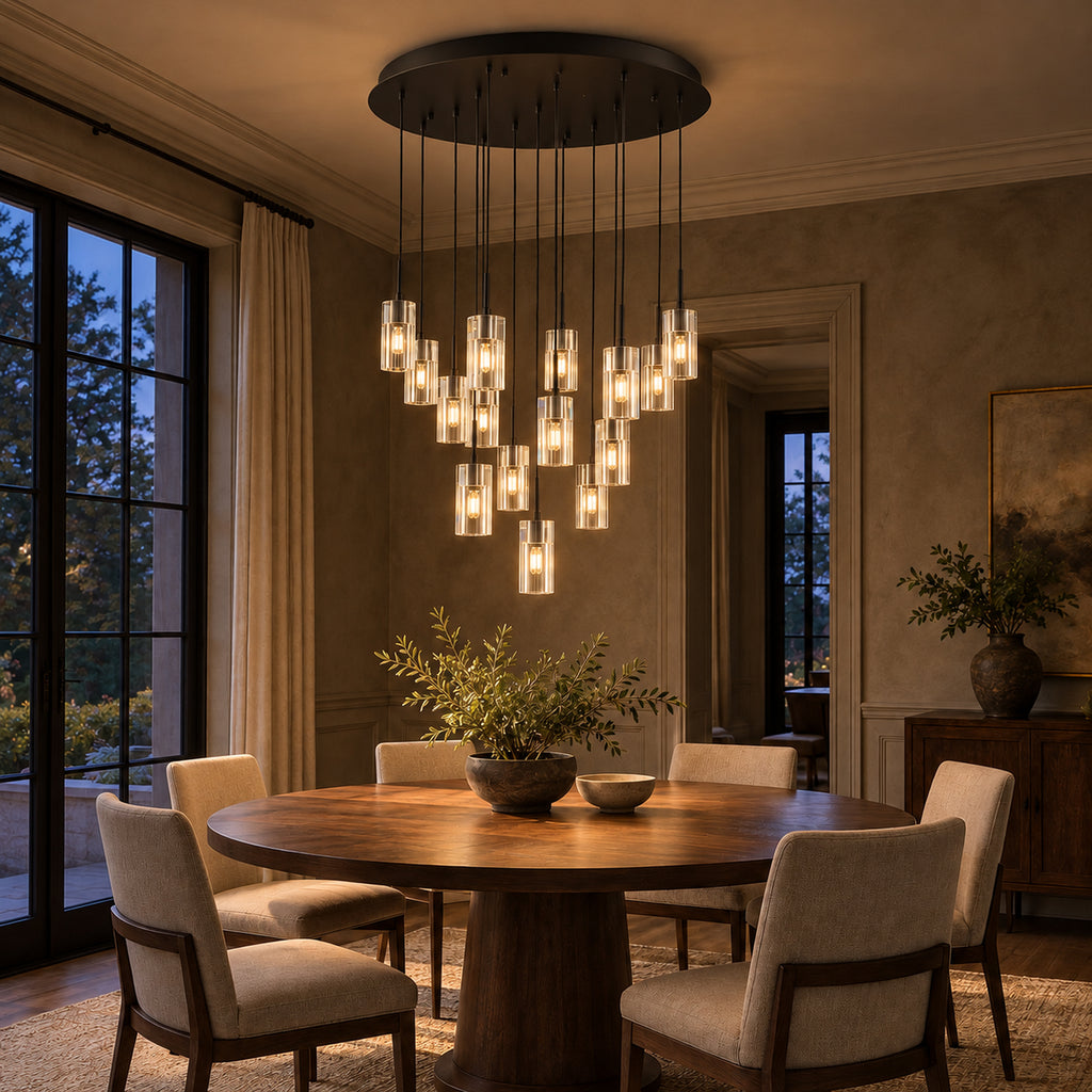 Pioggia Cascade Chandelier, 15-Light Black K9 Crystal, 32" Dia