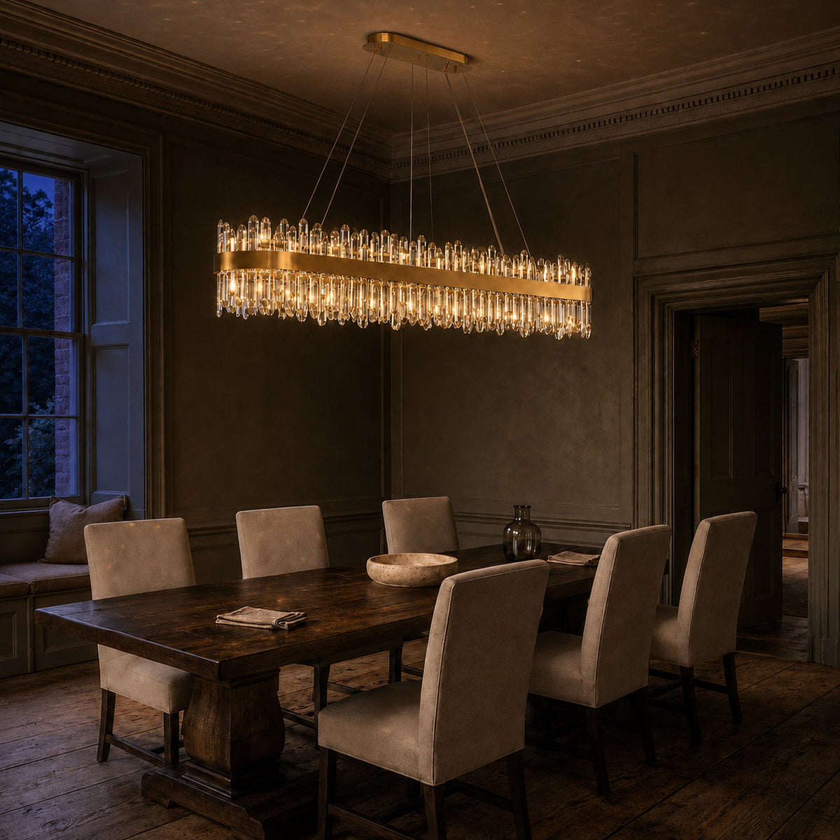 Modern Rectangular K9 Crystal Chandelier 57" — 32-Light, Gold