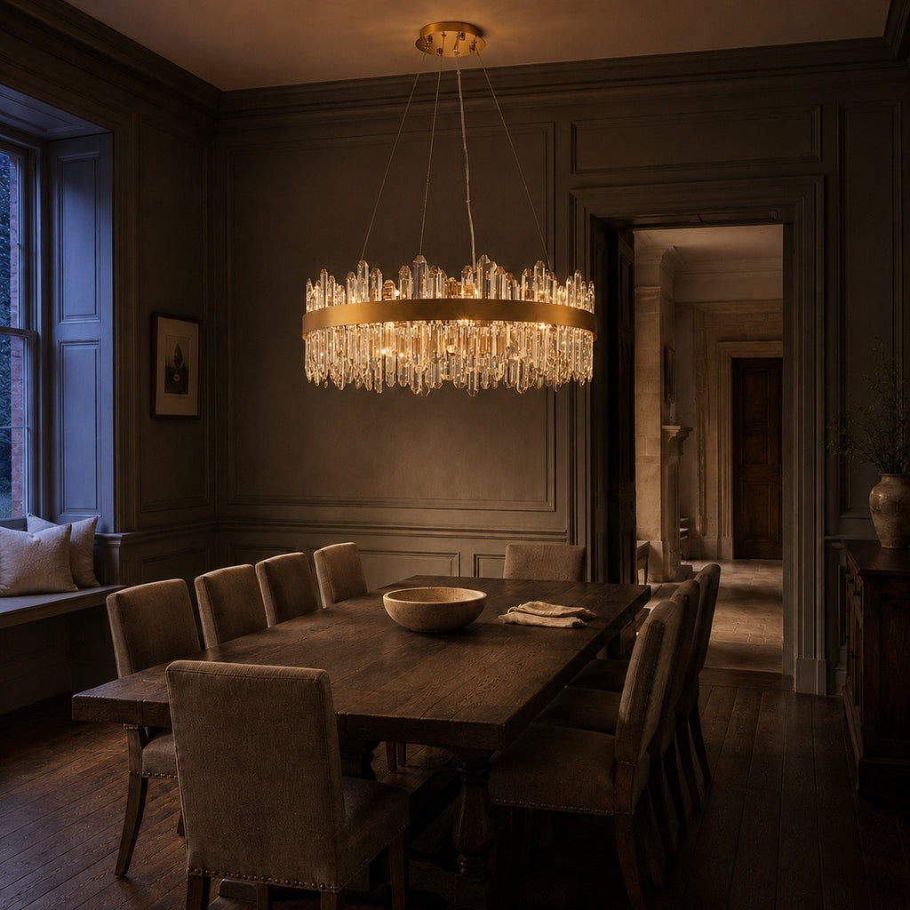 Modern Round K9 Crystal Chandelier 30" — 2-Tier, 24-Light, Gold