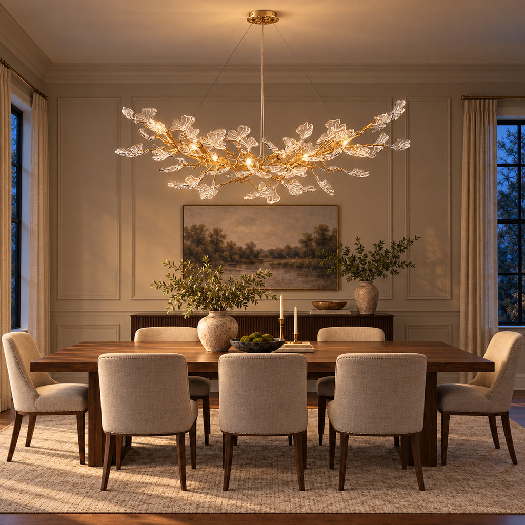 Foglia Linear Ginkgo Leaf Chandelier, 14-Light Gold Branch, 55" Long