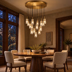 Pioggia Cascade Chandelier, 15-Light Brass K9 Crystal, 32" Dia