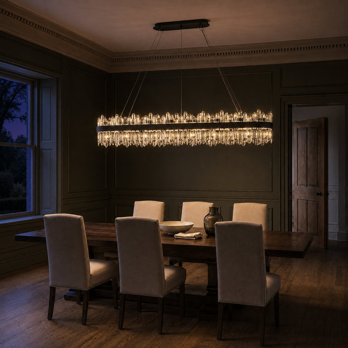 Modern Rectangular K9 Crystal Chandelier 57" — 32-Light, Black